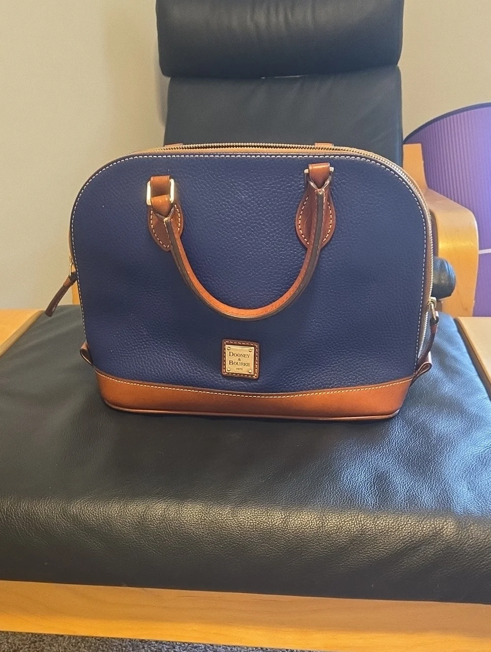 Dooney & Bourke Navy Blue Leather Satchel with Brown Trim and Handles